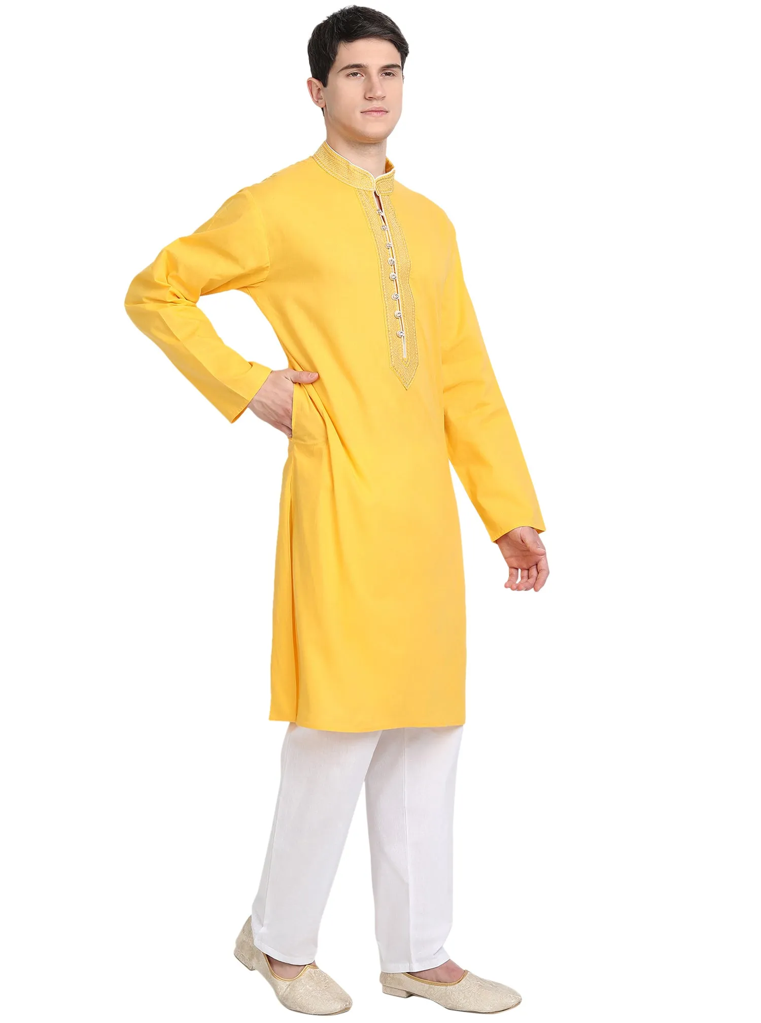 Kurta Pajama Set For Men Long Sleeve Cotton Party Dress Gold