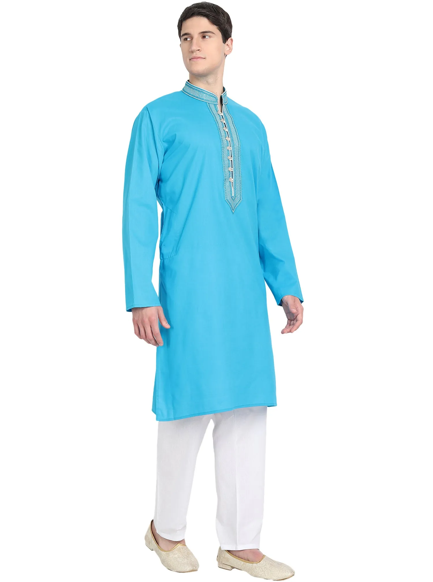 Kurta Pajama Set For Men Long Sleeve Cotton Party Dress Turquoise