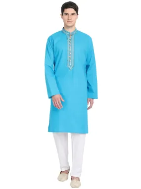 Kurta Pajama Set For Men Long Sleeve Cotton Party Dress Turquoise
