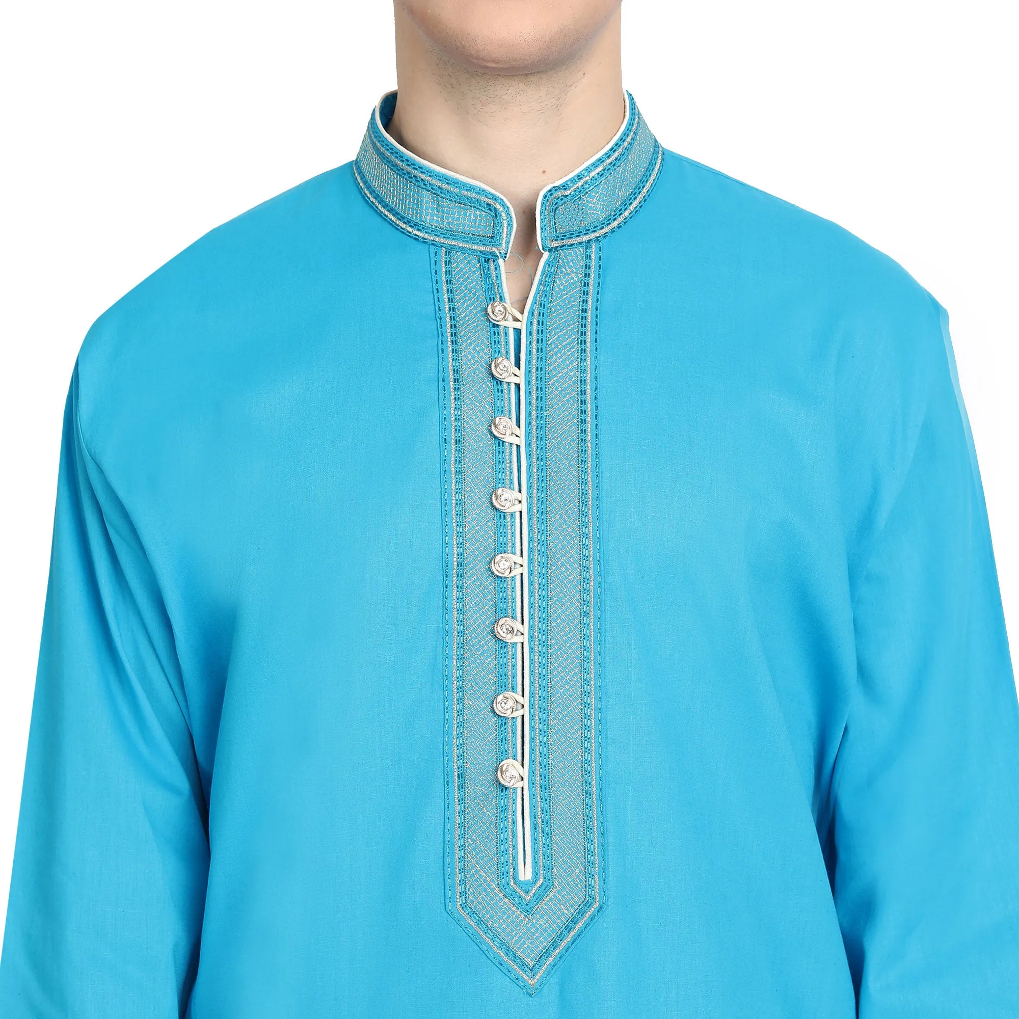 Kurta Pajama Set For Men Long Sleeve Cotton Party Dress Turquoise