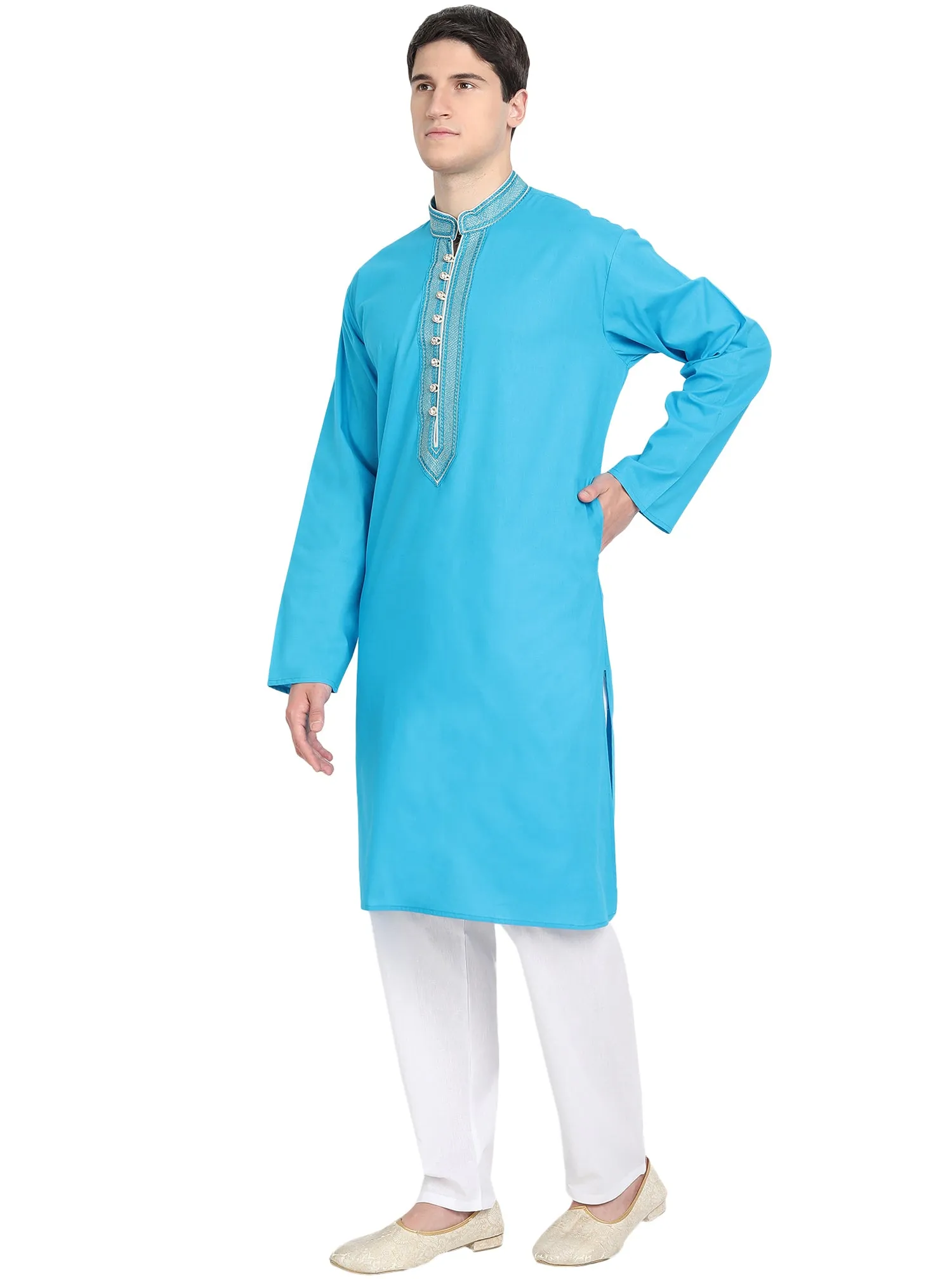 Kurta Pajama Set For Men Long Sleeve Cotton Party Dress Turquoise