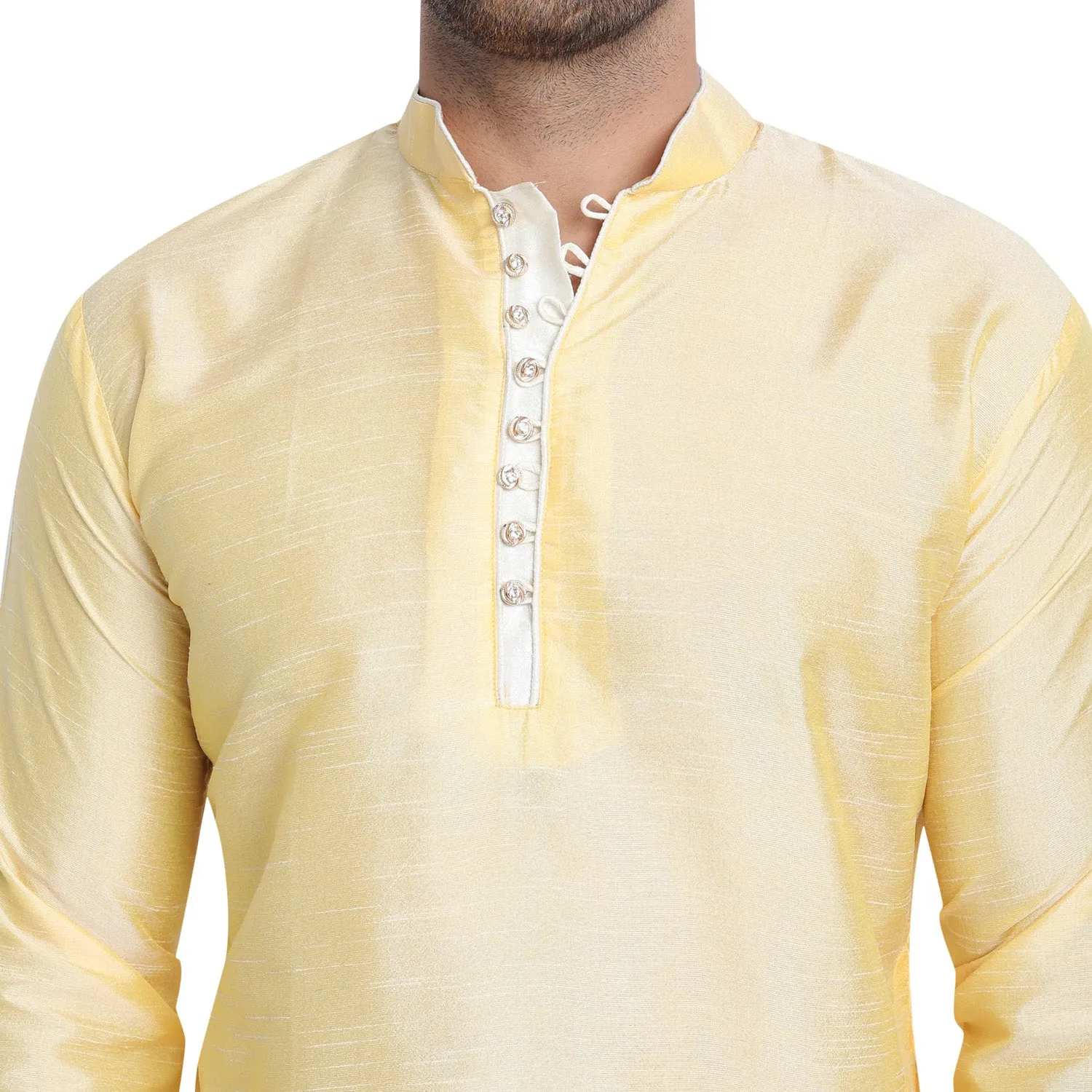 Men Art Silk Cross Cut Ethnic Kurta Pajama Set Traditional Indian Clothing Beige