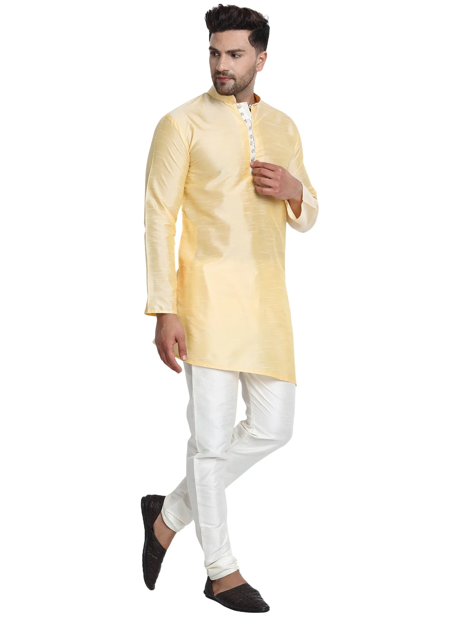 Men Art Silk Cross Cut Ethnic Kurta Pajama Set Traditional Indian Clothing Beige
