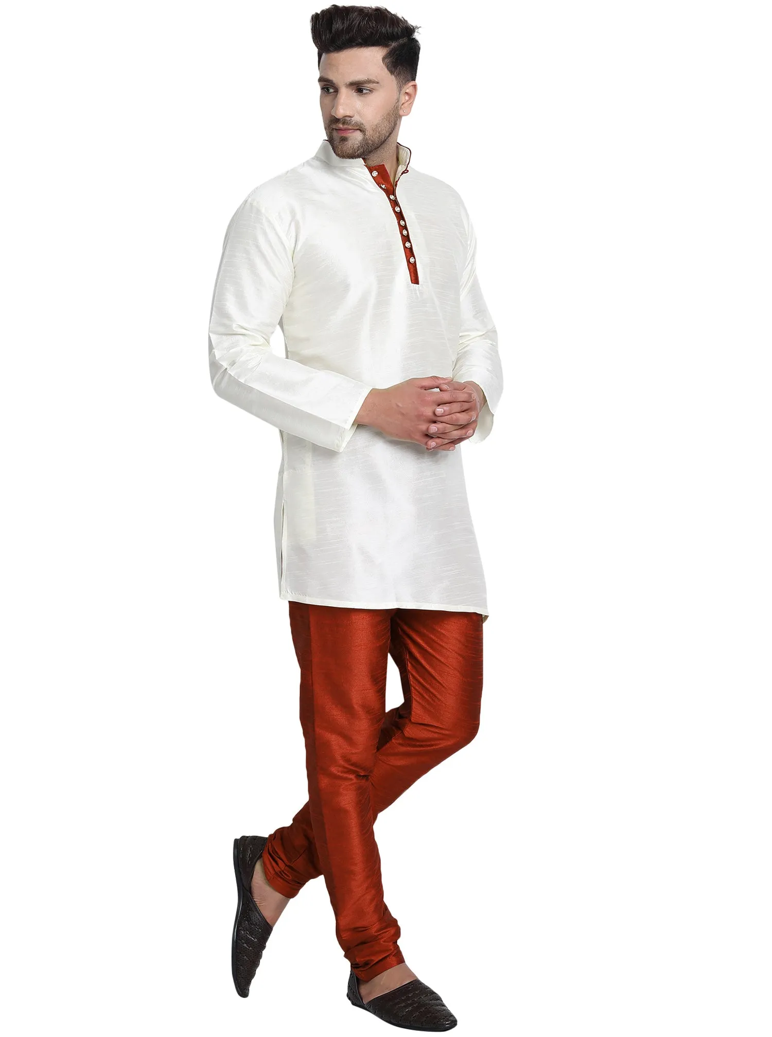 Men Art Silk Cross Cut Ethnic Kurta Pajama Set Traditional Indian Clothing Off-White
