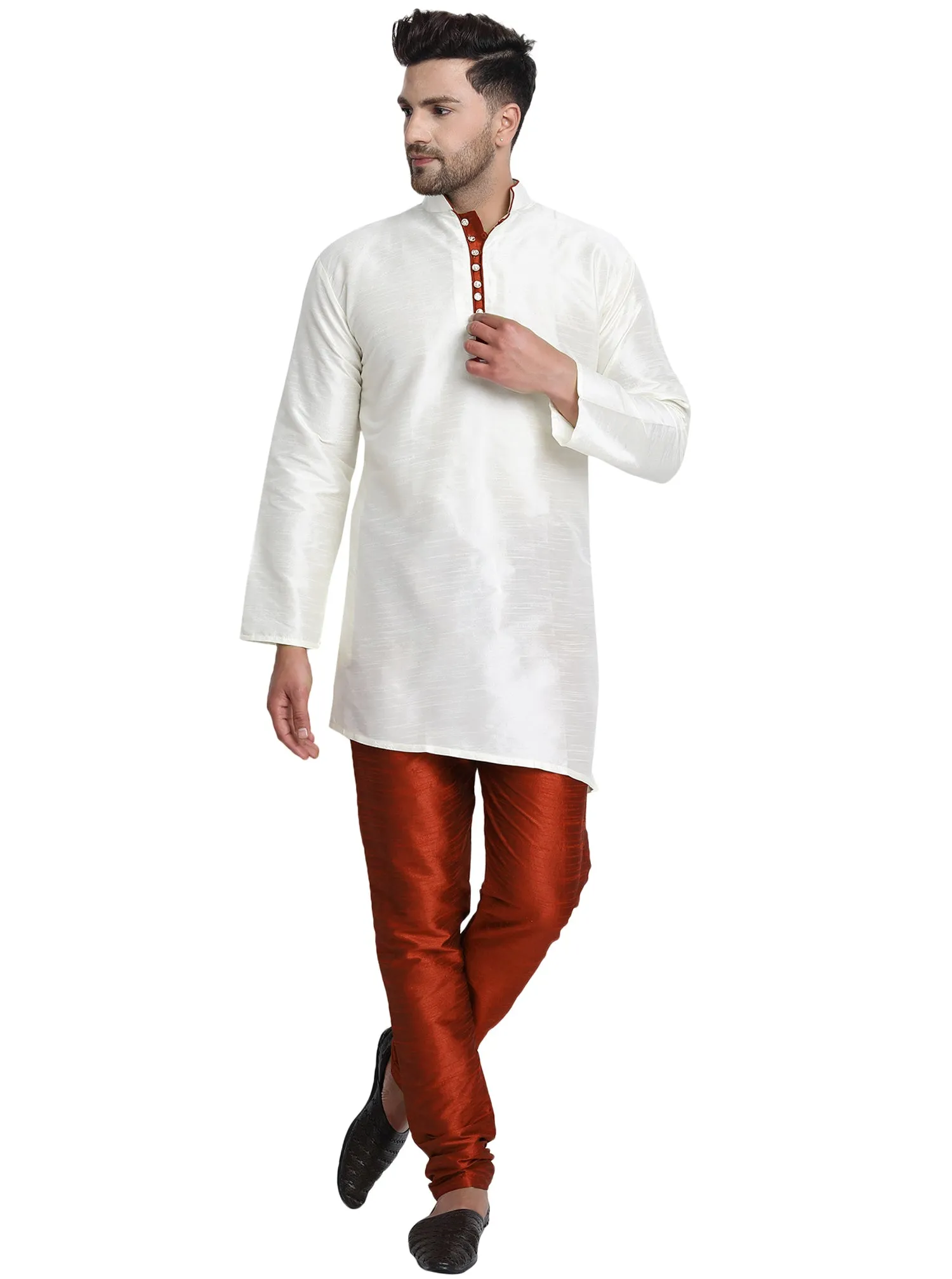 Men Art Silk Cross Cut Ethnic Kurta Pajama Set Traditional Indian Clothing Off-White