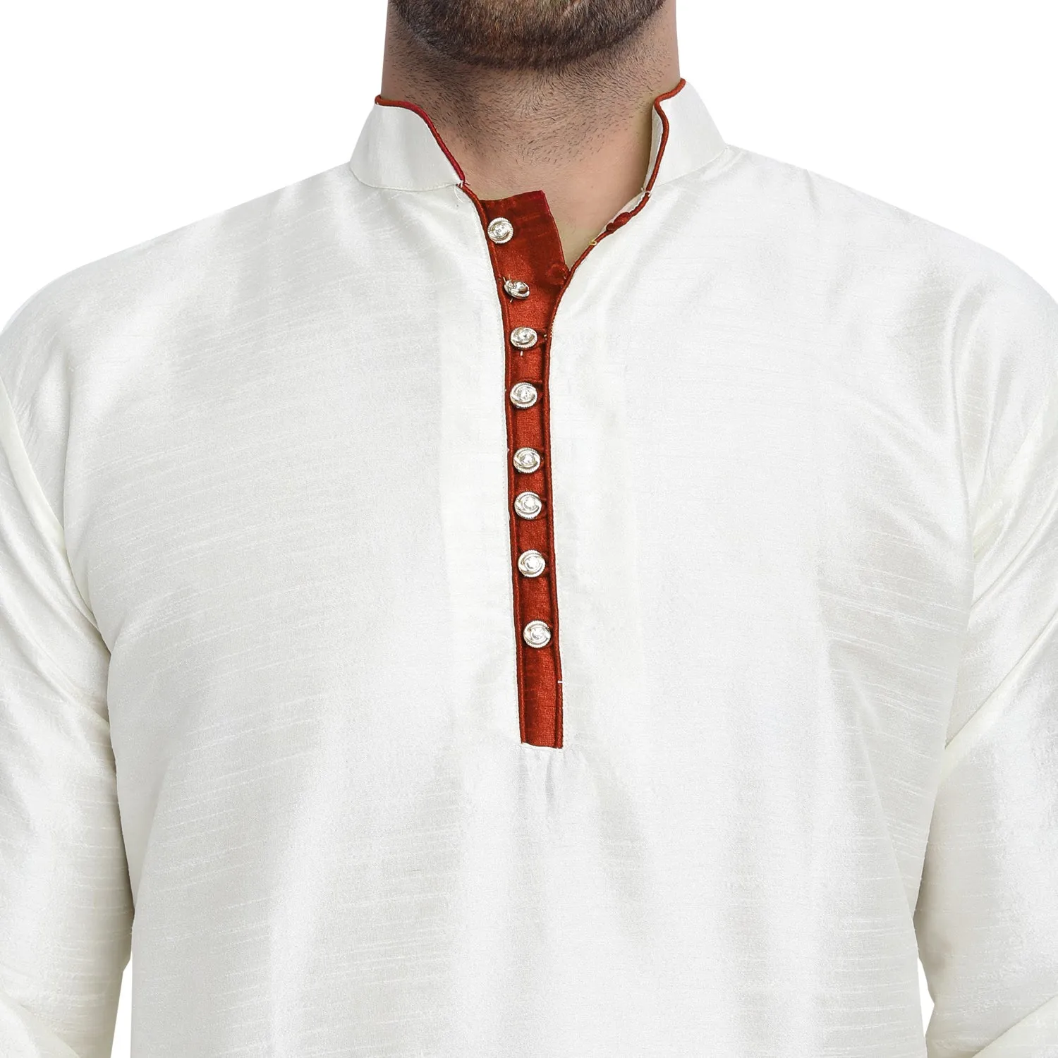 Men Art Silk Cross Cut Ethnic Kurta Pajama Set Traditional Indian Clothing Off-White