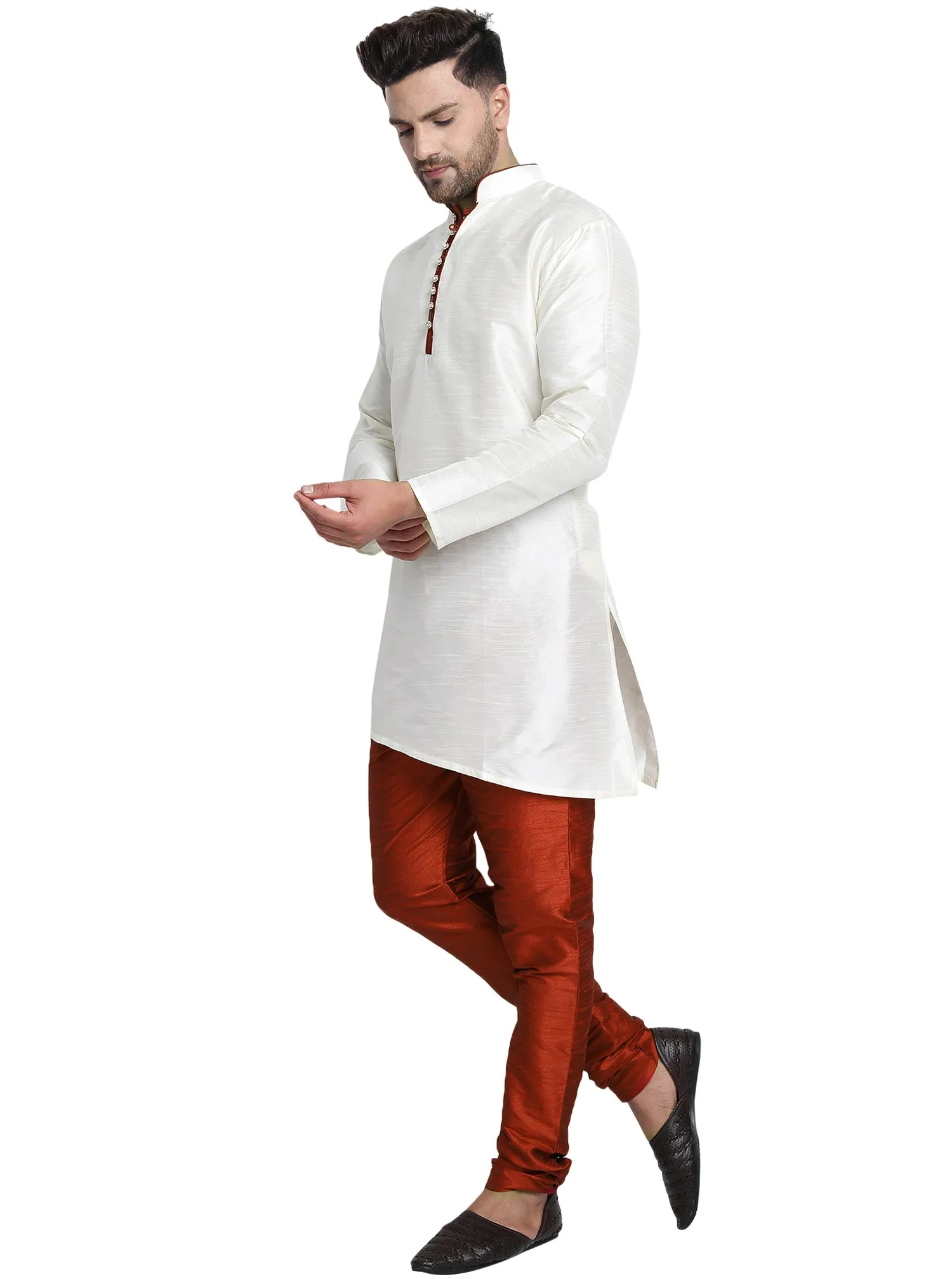 Men Art Silk Cross Cut Ethnic Kurta Pajama Set Traditional Indian Clothing Off-White