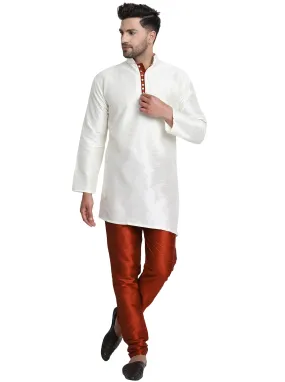 Men Art Silk Cross Cut Ethnic Kurta Pajama Set Traditional Indian Clothing Off-White Men Art Silk Cross Cut Ethnic Kurta Pajama Set Traditional Indian Clothing Off-White