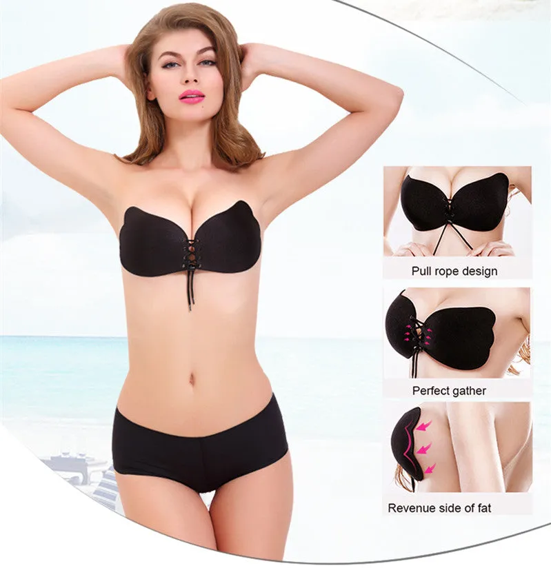 Sexy Strapless Self-Adhesive Silicone Front Closure Push Up Bra With Drawstring