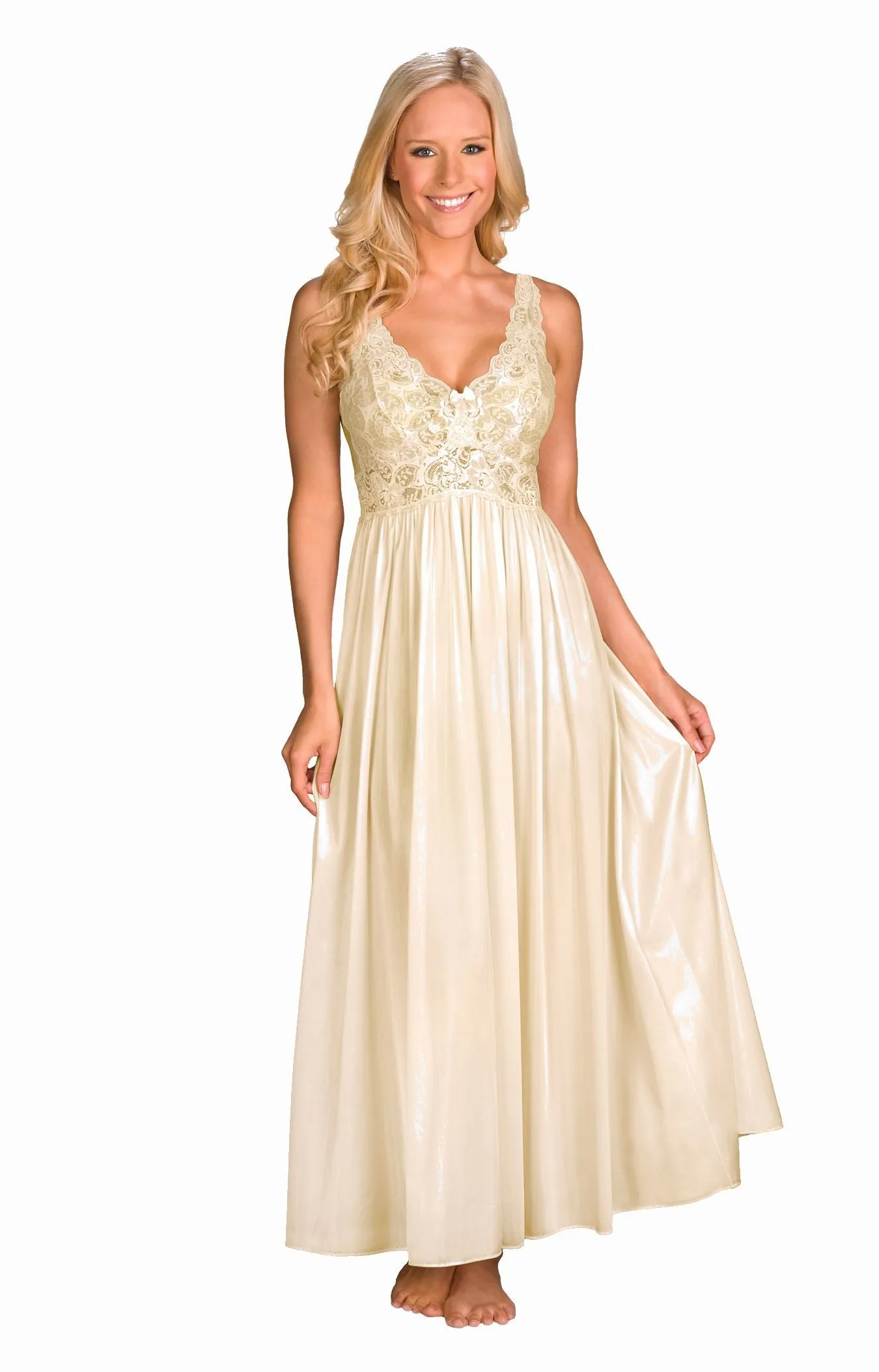 Shadowline Nightgown Long Fitted Lace Bodice Silhouette Nylon