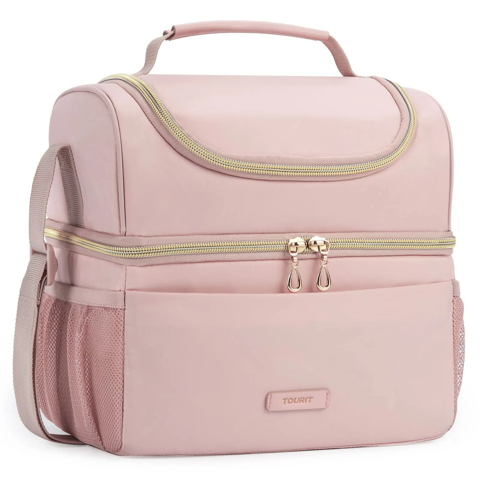TOURIT Lunch Bag Dual Compartment Insulated Tote Lunch Box Cooler Bag with Shoulder Strap for Women, Men, Work, School, Picnic, Beach, Pink